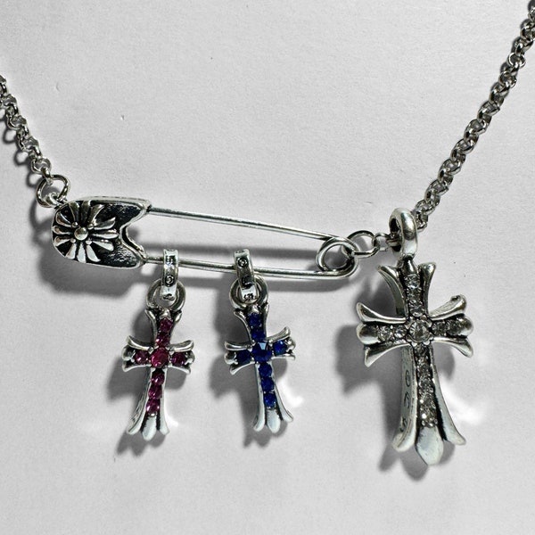 Chrome Hearts Inspired Cross Charm Necklace, Silver-Tone Safety Pin, Double-sided Necklaces, Streetwear Jewelry, Unisex Silver Necklaces Y2K