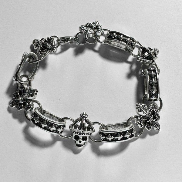 Chrome Hearts Inspired Silver Bracelets, Unisex Gothic Charm Bracelet, Aged Silver Skull Charms, Streetwear Jewelry, Punk Hip Hop Bracelet