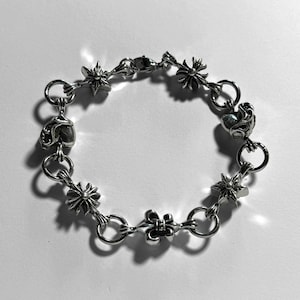 Chrome Hearts Inspired Silver Bracelet, Unisex Gothic Cross Flower Bracelet, Aged Silver Gift for Him, Streetwear Jewelry, Punk Motorcycle