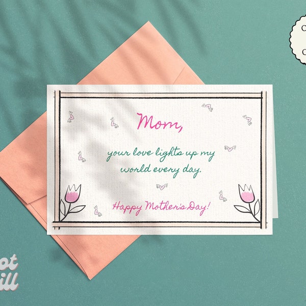 MOTHER'S DAY CARD Template, Colorful Handdrawn & Handwritten Whimsical Note for Mom, Funky, Vintage, Retro Pink + Green Card Printable | 011