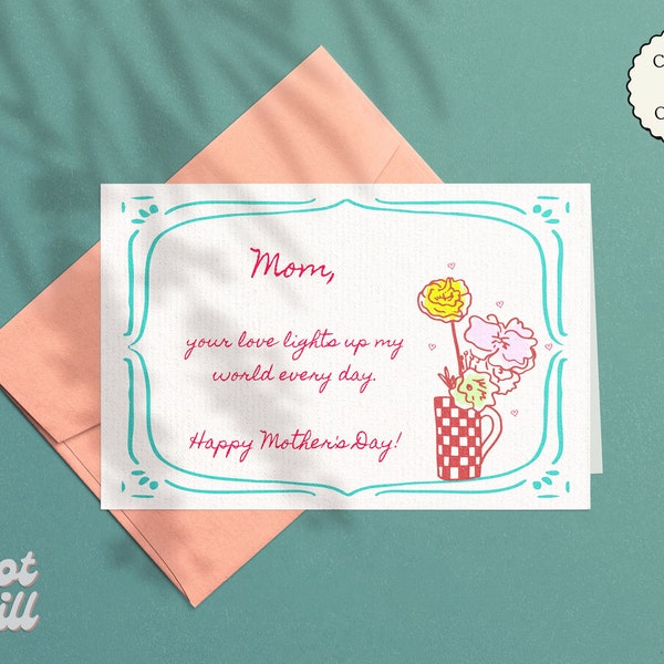 MOTHER'S DAY CARD Template, Colorful Handdrawn & Handwritten Whimsical Note for Mom, Funky, Vintage, Retro Card Printable | 011