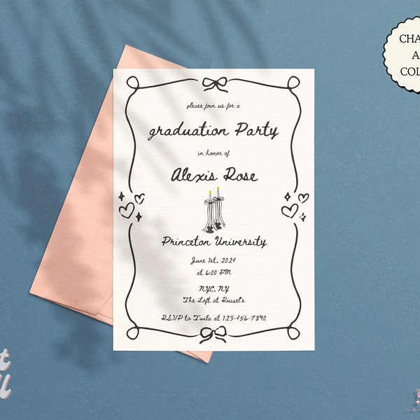 GRADUATION PARTY INVITATION Template, Handdrawn Border with Bow, Handwritten Whimsical Invite, Funky Illustrations, Digital Download | 012