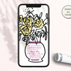 GRADUATION DINNER INVITATION Template, Handdrawn Handwritten Floral Vase Illustration, Funky Whimsical Colorful, Electronic Invitation | 012