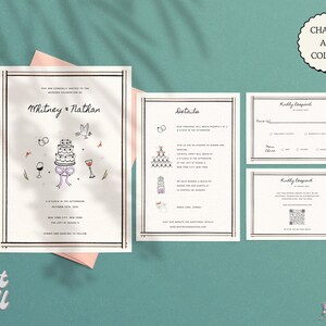 HOCHZEIT EINLADUNG SUITE Vorlage, Bunte Handgeschriebene Hochzeit einladen, Funky, Vintage, Handgezeichnet Retro Kuchen Illustration | 010