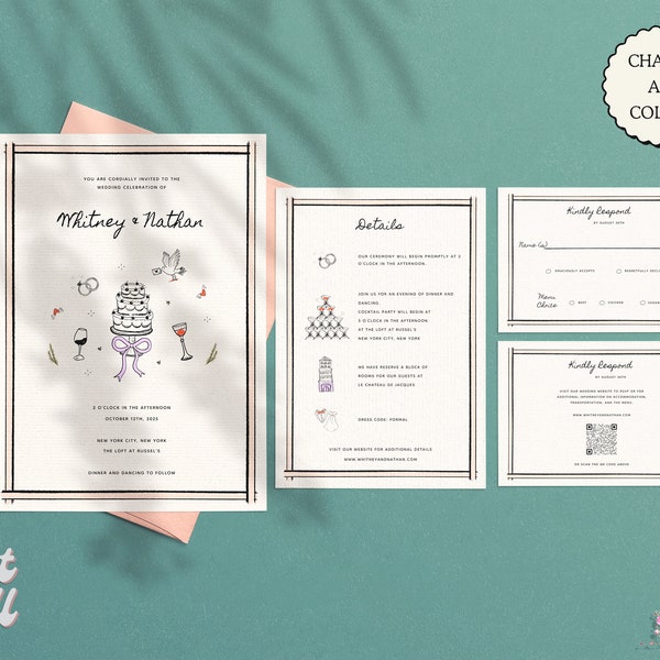 WEDDING INVITATION SUITE Template, Colorful Handwritten Whimsical Wedding Invite, Funky, Vintage, Handdrawn Retro Cake Illustration | 010