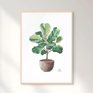 May include: Watercolour painting of a Fiddle Leaf Fig plant in a brown pot. The plant features large, green leaves with lighter green veining. The pot is a muted brown colour. The artwork is framed in a light wood frame.