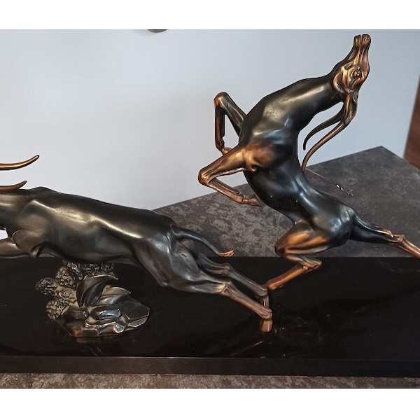 Sculpture en Régule Art Déco - Jacques Limousin - Antilopes en Fuite