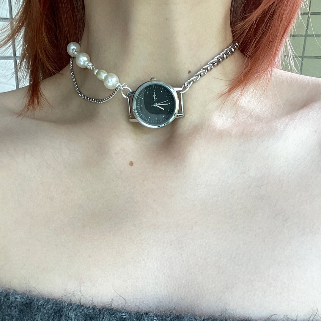 Tone Watch Choker Clock Necklacevintage Pearl Watch Etsy