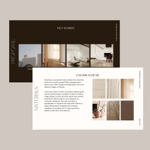 May include: A mood board design with the words "PROPOSAL" and "MATERIALS" in a dark brown font. The top section features the text "KEY WORDS" above four images. The bottom section displays a "COLOUR SCHEME" with text and six color swatches.