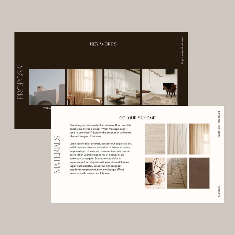 May include: A mood board design with the words "PROPOSAL" and "MATERIALS" in a dark brown font. The top section features the text "KEY WORDS" above four images. The bottom section displays a "COLOUR SCHEME" with text and six color swatches.