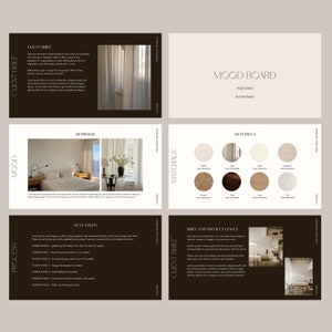 Apresentação de design de interiores, modelo de Mood Board para designers de interiores, modelo Canva, modelo Adobe InDesign, serviços de E-Design