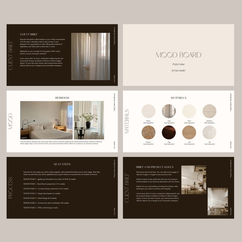 May include: A mood board presentation with a neutral color palette. The presentation includes sections for client brief, mood, bedroom design, materials, next steps, and project goals. The text includes "Client Brief", "Mood Board", and "Materials".