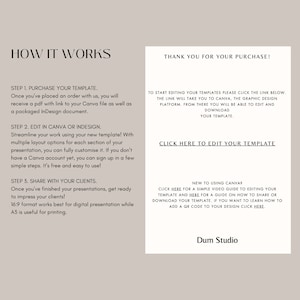 May include: A beige and white graphic design template with instructions on how to purchase, edit, and share the template. The text "How It Works" is at the top of the page. The text "Thank You For Your Purchase!" is at the top right of the page. The text "Click Here To Edit Your Template" is in the center of the page. The text "Dum Studio" is at the bottom of the page.