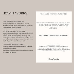 May include: A beige and white graphic with text explaining how to use a template. The text includes instructions on purchasing, editing in Canva or InDesign, and sharing with clients. It also includes a link to edit the template and a guide on using Canva.