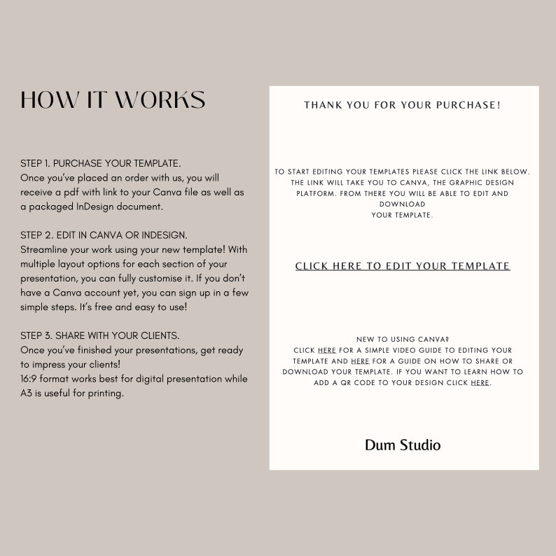 May include: A beige and white graphic with text explaining how to use a template. The text includes instructions on purchasing, editing in Canva or InDesign, and sharing with clients. It also includes a link to edit the template and a guide on using Canva.