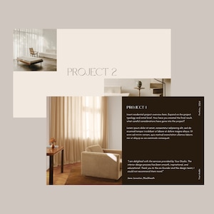 May include: A mock-up of a portfolio page with a project overview and a testimonial. The page features a light brown armchair in a room with large windows and white curtains. The text on the page reads "Project 1" and "Project 2".
