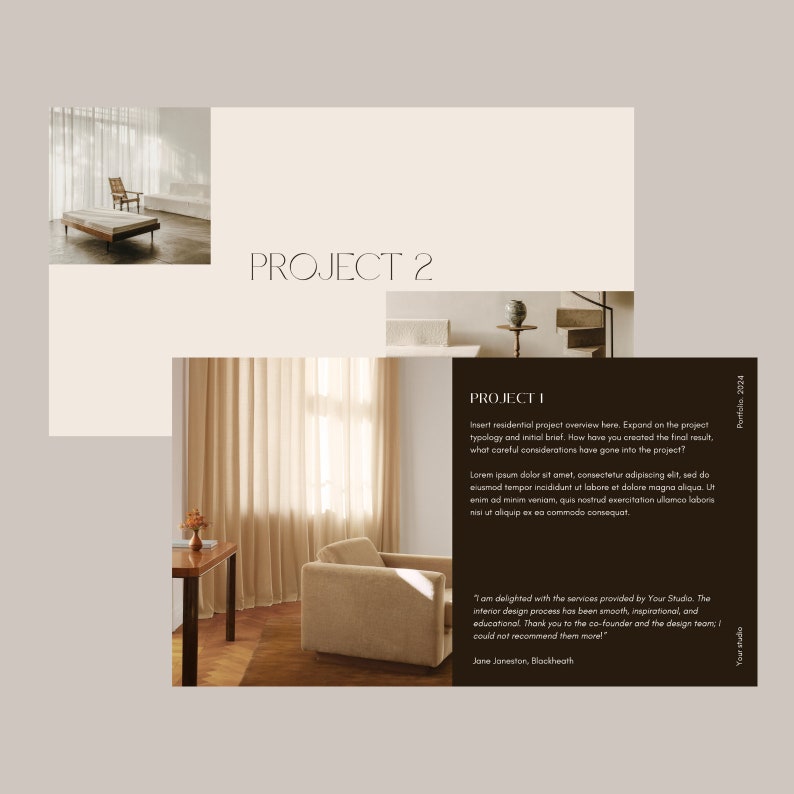 May include: A mock-up of a portfolio page with a project overview and a testimonial. The page features a light brown armchair in a room with large windows and white curtains. The text on the page reads "Project 1" and "Project 2".