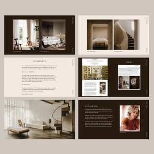 May include: A portfolio showcasing interior design projects with a focus on modern and minimalist aesthetics. The images feature a variety of spaces, including a living room with a large sofa and a fireplace, a bedroom with a bed and a bedside table, and a staircase with a curved railing. The portfolio also includes testimonials from satisfied clients and press coverage.