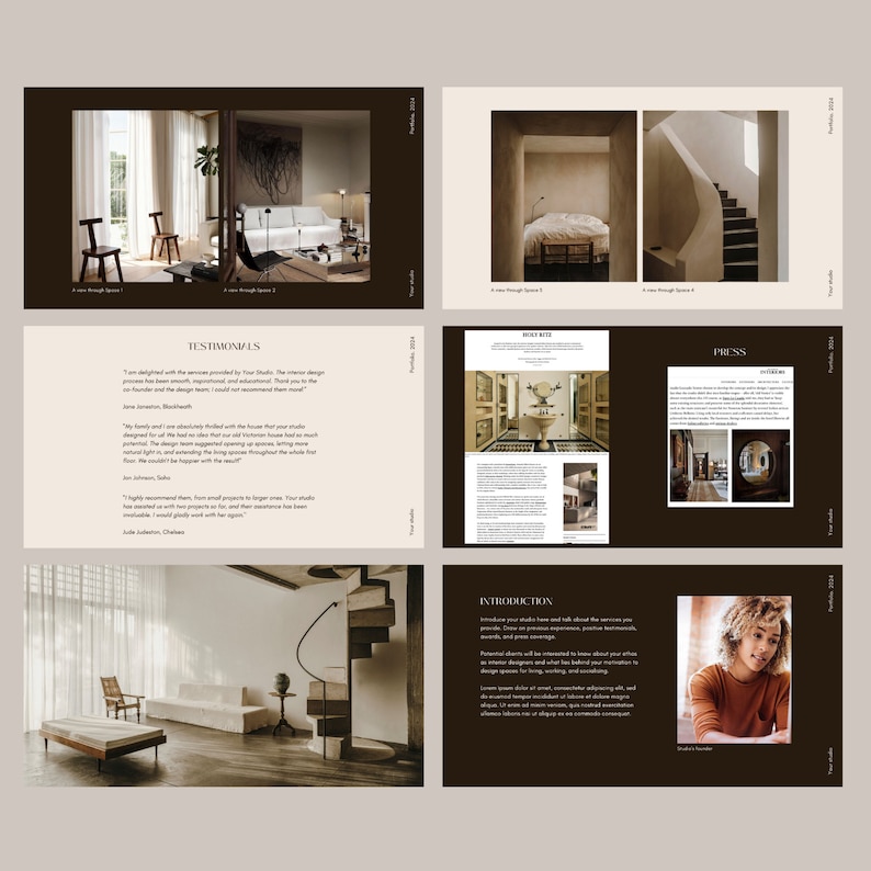 May include: A portfolio showcasing interior design projects with a focus on modern and minimalist aesthetics. The images feature a variety of spaces, including a living room with a large sofa and a fireplace, a bedroom with a bed and a bedside table, and a staircase with a curved railing. The portfolio also includes testimonials from satisfied clients and press coverage.
