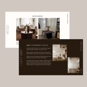 May include: A mood board presentation with the text "Living Room" and "Client Brief." The presentation features interior design images of furniture and decor, with a neutral color palette. The text includes project goals and studio information.