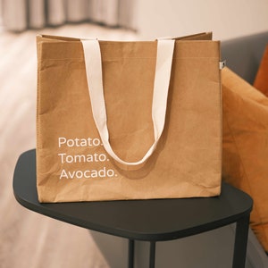 Sac en papier lavable, Sac à provisions réutilisable, Cabas végétalien marron, Sac d'épicerie écologique à bandoulière, Cadeau durable zéro déchet, Grand