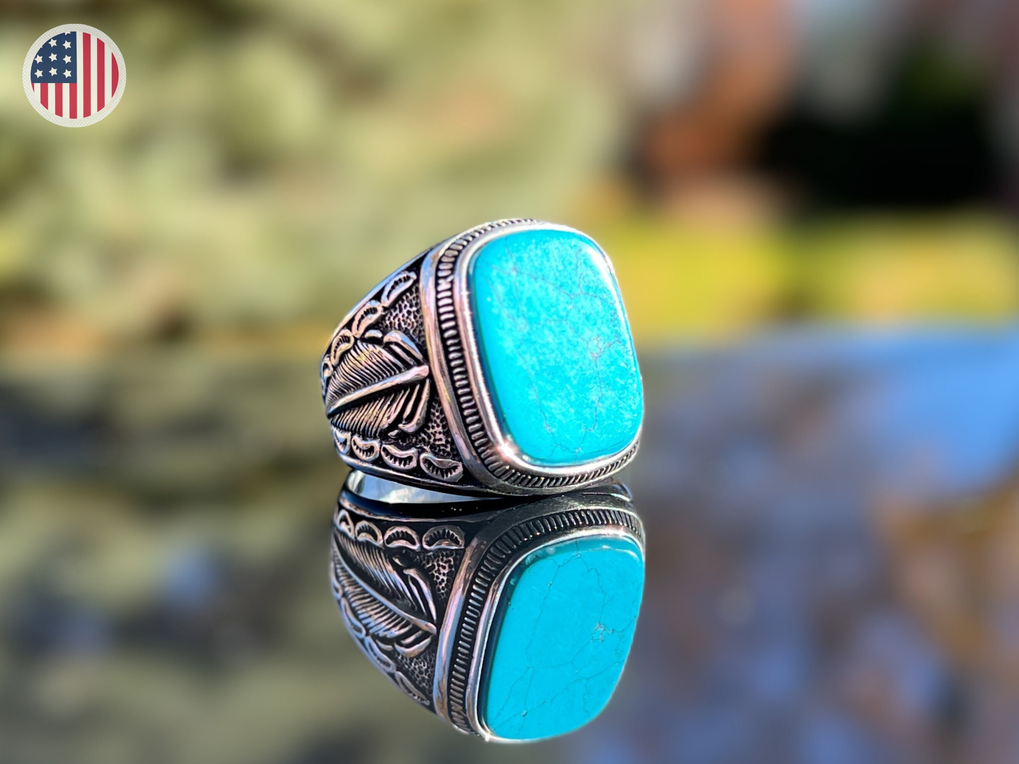 Turquoise Tower Sterling Silver Ring Mens or Womens - Boho Ring, Stone Ring,  Sterling Silver ring, Statement Ring, Chunky Turquoise
