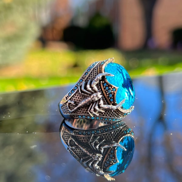 Handmade 925k Sterling Silver Blue Scorpion Zircon Stone Ring, Christmas Gift, Scorpion Men Ring, Embroidered Men's Ring, Scorpion Ring