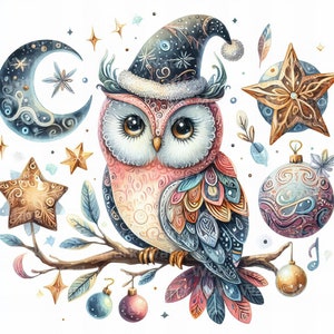 Christmas magic owl clipart, 12 jpg, digital download, watercolor clipart, digital paper crafts, card making, graphic,junk journal,Christmas