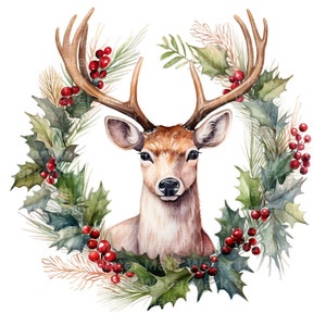 christmas wreath clipart, 12 JPG, watercolor clipart, junk journal,digital paper crafts,card making clipart, animal wreath, digital download