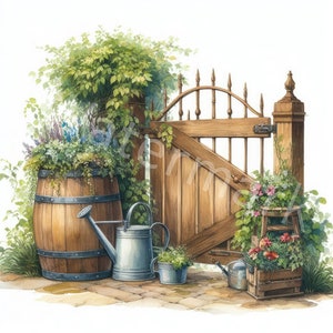Clipart de aquarela de jardim, 12 JPG, download digital, portão de jardim, clipart de verão, clipart de arte de parede, criação de cartões, diário de lixo eletrônico, planejador digital