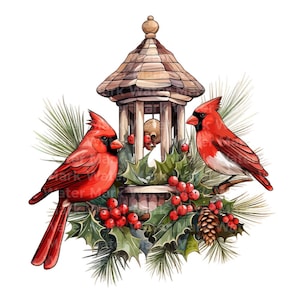 Christmas bird feeder clipart, 12JPG, watercolor clipart, digital paper crafts, card making clipart, junk journal clipart, digital download