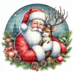 Clipart de Papá Noel navideño, 12 jpg, descarga digital, clipart de acuarela, creación de tarjetas, reno navideño, diario basura, libro de recuerdos