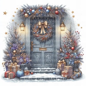 Clipart aquarelle de porte de Noël, 11 jpg, téléchargement numérique, créations numériques en papier, photo d'hiver, clipart art mural, clipart fabrication de cartes