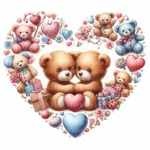 Valentinstag Herz Clipart, 12 JPG, Verliebte Teddybären, Digital Download, Aquarell, Karte Clipart, Digitales Papiermodell, Kommerzielle Nutzung