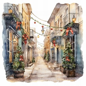 Clipart aquarelle de rue de Noël, 12 JPG, téléchargement numérique, paysage d'hiver, rue du Nouvel An, art mural, fabrication de cartes, journal indésirable