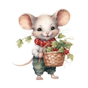 Clipart del mouse di Natale, 12 jpg, clipart ad acquerello, clipart del mouse con vischio, artigianato in carta digitale, clipart per la creazione di carte, download digitale