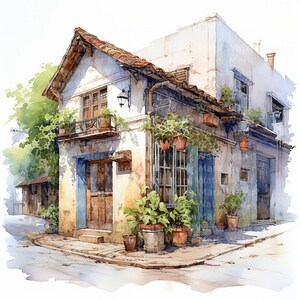 Frans huis aquarel clipart, 12 png, zomerlandschap, digitale download, clipart kunst aan de muur, kaarten maken, junk journal, digitale scrapbooking