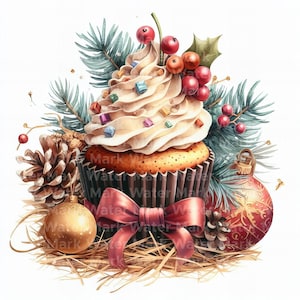 Clipart de cupcakes de Natal, 12 JPG, clipart aquarela, clipart de Natal, artesanato em papel digital, confecção de cartões, lixo eletrônico, download digital