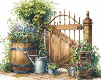 Garden watercolor clipart, 12 JPG, digital download, garden gate, summer clipart,wall art clipart,card making, junk journal, digital planner