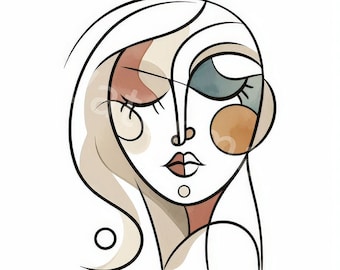 Pode incluir: Ilustração abstrata de arte de linha de um rosto de mulher com acentos de aquarela em tons de marrom, laranja e azul.