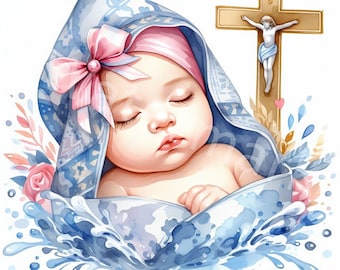 Baby Girl Baptism Clipart: Watercolor Religious Graphics (Digital Download)