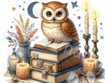Watercolor Owl Clipart: Reading Owl JPG Images (Digital Download)