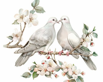 Watercolor Pigeons Clipart: Floral Twig Design (Digital Download)