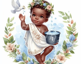 Baby Baptism Clipart: African American Boy, Watercolor Style (Digital Download)
