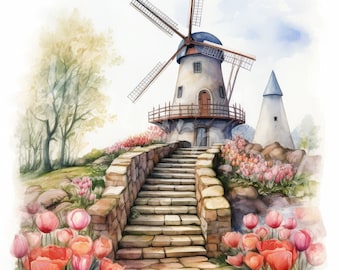Imágenes prediseñadas de molino de viento holandés en acuarela: Imágenes JPG de paisaje (descarga digital)