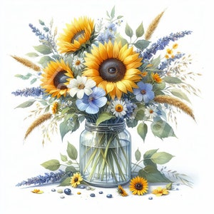 Clipart fleurs tournesols, 12 jpg, téléchargement numérique, créations numériques en papier, tournesols dans un bocal, fabrication de cartes, fabrication d'invitations, journal indésirable