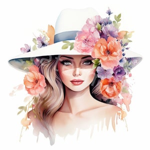 Clipart Girl in Hat, 12 jpg, téléchargement numérique, chapeau avec des fleurs, art mural, fabrication de cartes, journal indésirable, scrapbooking, travaux manuels numériques en papier