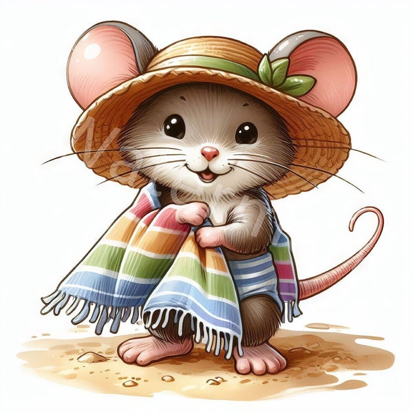 Mouse on the Beach Clipart, 12 JPG, Digital Download, Digital Paper Craft, Card Making Clipart, Invitation Making, Junk Journal, Memory Book