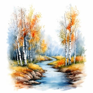 Watercolor Birch Tree Clipart: Landscape Wall Art (Digital Download)