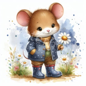 以下が含まれることがあります： 白い水玉模様の青いジャケットを着て、茶色のズボンと青いレインブーツを履いた、かわいい漫画のネズミ。ネズミは白いデイジーを持って、花畑に立っています。